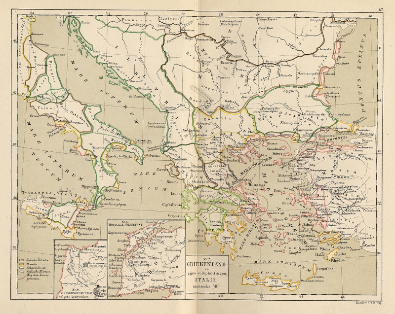 afbeelding van kaart Griekenland en zijne volkplantingen; Italie omstreeks 500 van P.W.M. Trap