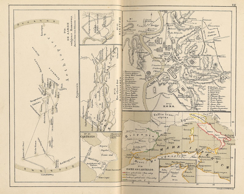 afbeelding van kaart Aarde volgens Homerus; Carthago; Eiland der Batavieren; Nineveh; Roma; Rome en Carthago van P.W.M. Trap