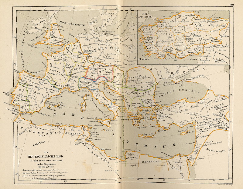 afbeelding van kaart Het Romeinsche Rijk in zijn grootsten omvang onder Trajanus (98-117 n.Chr.) van P.W.M. Trap