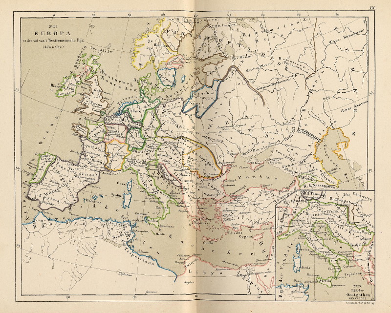 afbeelding van kaart Europa na den val van  Westromeinsche Rijk (476 n.Chr.); Rijk der Oostgothen (493-553) van P.W.M. Trap