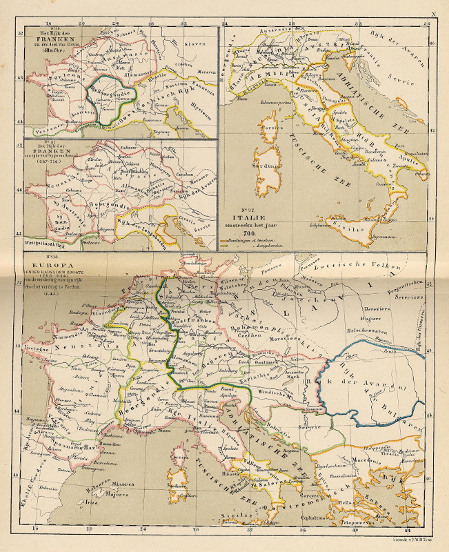 afbeelding van kaart Het Rijk der Franken 511 na Chr en 687-714; Italie; Europa onder Karel den Groote (766-814) van P.W.M. Trap