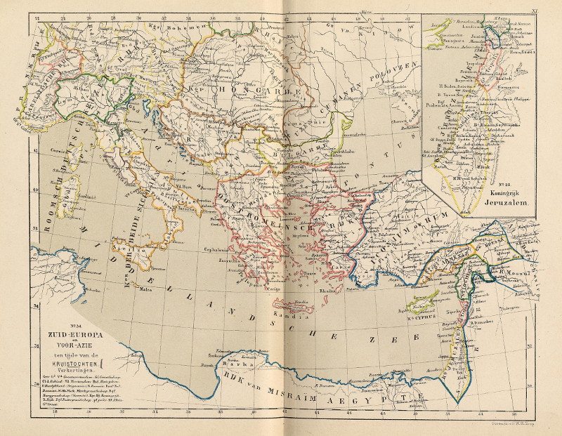 afbeelding van kaart Zuid-Europa en Voor-Azie ten tijde van de Kruistochten; Koningrijk Jeruzalem van P.W.M. Trap