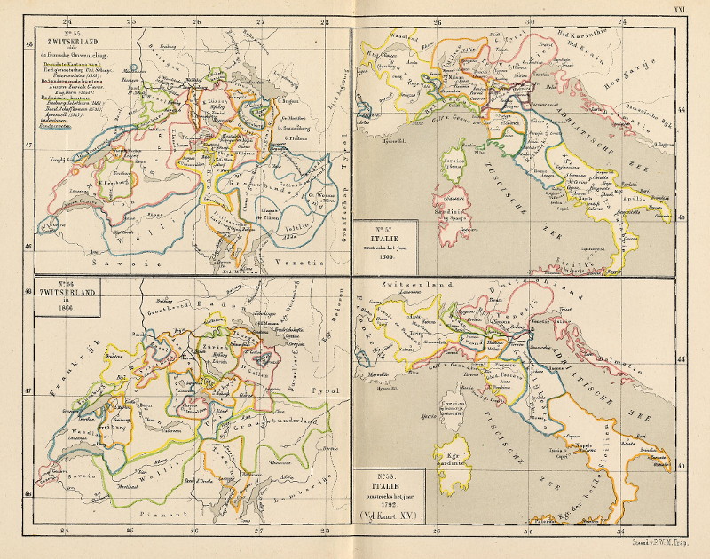 afbeelding van kaart Zwitserland voor de Fransche omwenteling; in 1866; Italie omstreeks 1500; omstreeks 1792 van P.W.M. Trap