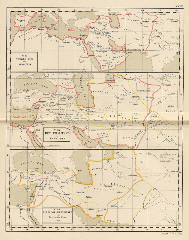 afbeelding van kaart Veroveringen der Arabieren; Het Khalifaat der Arabieren; Rijken der Seldschuken voor Tschingis Khan  van P.W.M. Trap