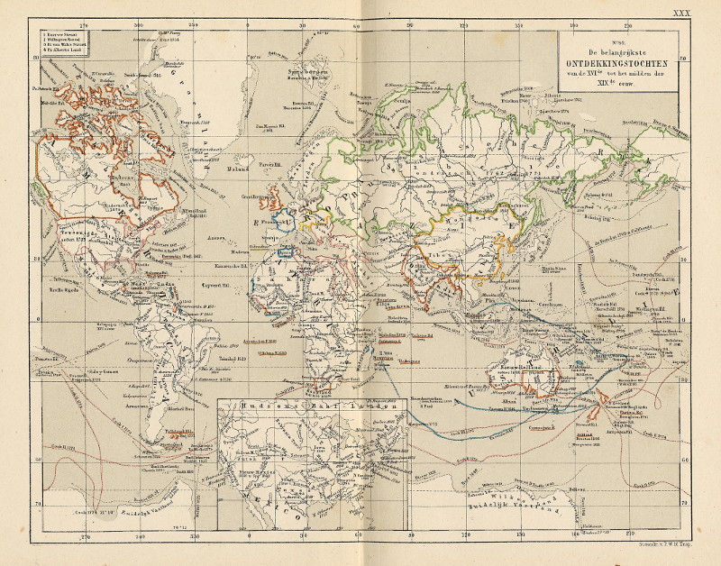 afbeelding van kaart De belangrijkste ontdekkingstochten van de XVI-de eeuw tot het midden der XIX-de eeuw van P.W.M. Trap