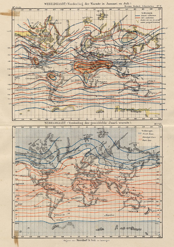 afbeelding van kaart Wereldkaart (Verdeeling der Warmte in Januari en Juli) (Verdeeling der gemiddelde Jaarl. warmte) van F. Bruins