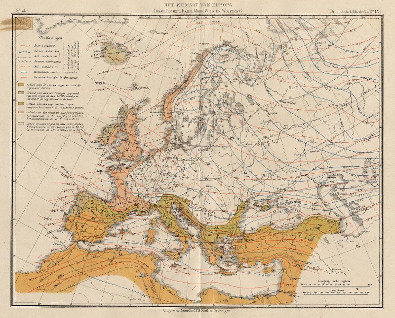 afbeelding van kaart Het klimaat van Europa (naar Fischer, Hann, Mohn, Wild en Wojeikov) van F. Bruins