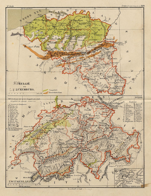 afbeelding van kaart Belgie en Luxemburg, Zwitserland van F. Bruins