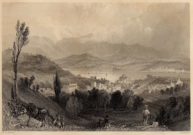 afbeelding van prent View of Hudson  city and the Catskill Mountains van W.H. Bartlett, R. Brandard (Hudson)