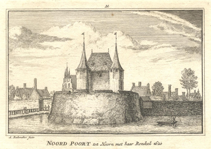 afbeelding van prent Noord Poort tot Hoorn met haar rondeel 1620 van Abraham Rademaker (Hoorn)