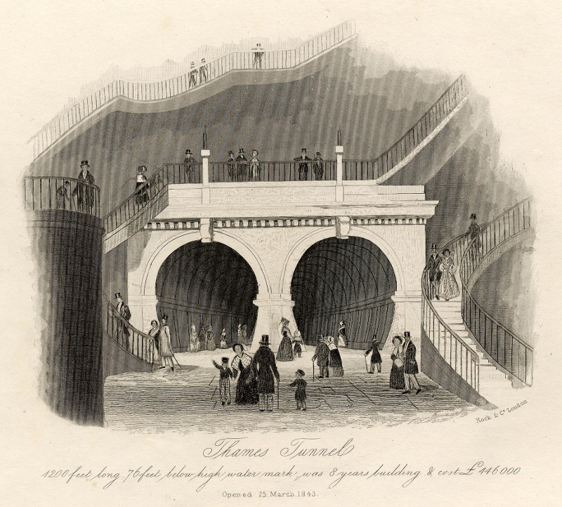 afbeelding van prent Thames Tunnel, 1200 feet long, 76 feet below high watermark, was 8 years building and cost 446.000  van William & Henry Rock (Londen, London)