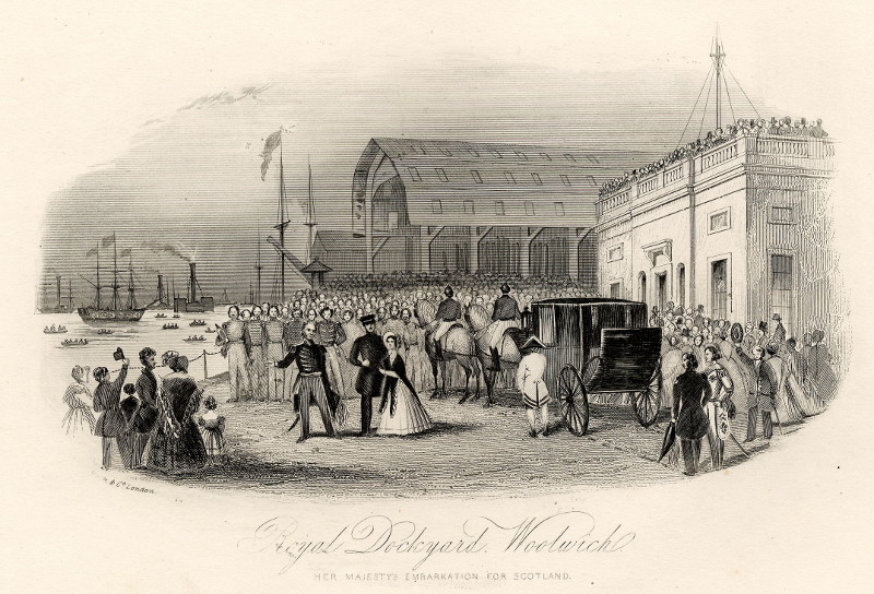 afbeelding van prent Royal Dockyard Woolwich, her Majesty´s embarkation for Scotland van William & Henry Rock (Londen, London)