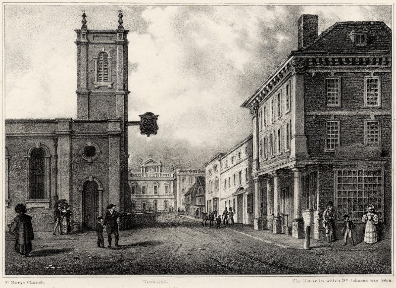 afbeelding van prent Market place Lichfield, the birth-place of Dr. Johnson van N. Whittock (Lichfield)