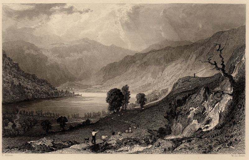 afbeelding van prent Hawes-Water, from Thwaite-Force, Westmorland van T. Allom, W. Le Petit (Haweswater)