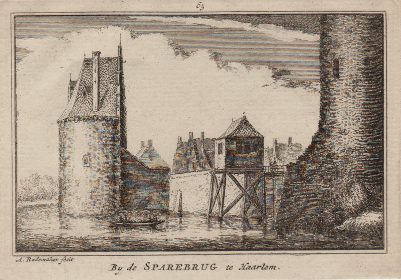 afbeelding van prent By de Sparebrug te Haarlem van Abraham Rademaker (Haarlem)