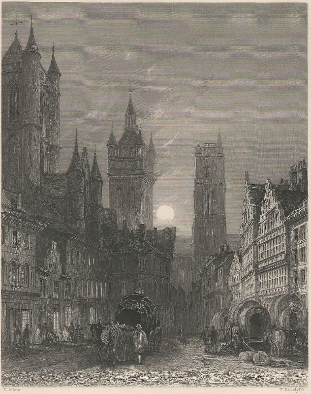 afbeelding van prent Church of St. Bavon the Beffroi, and St. Nicholas, by Moonlight, Ghent van T. Allom, W. Radclyffe (Gent, Ghent)