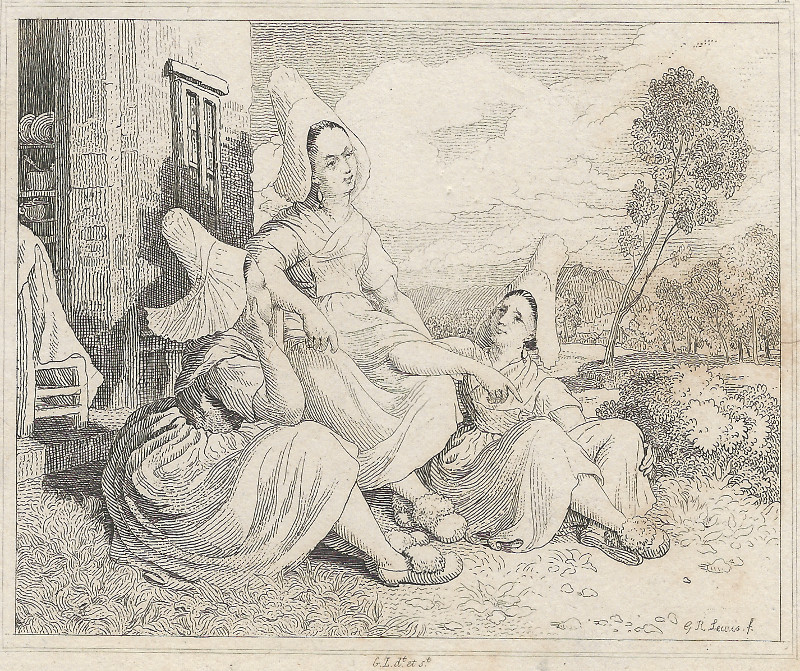 afbeelding van prent Environs of Caen, Une Causee de paysannes, Morning gossip van G.R. Lewis, G.L.
