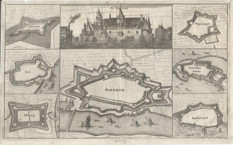 afbeelding van vogelvlucht Het Tolhuys, Yssel-oort, Tyel, Elburg, Wageningen, Schenckenschans, Harderwyck, Aernhem. van L. van den Bosch (Arnhem)