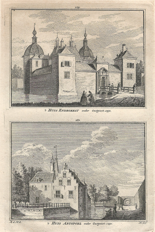 afbeelding van prent ´t Huis Endegeest onder Oestgeest 1730, ´t Huis Abtspoel onder Oestgeest 1730 van A. de Haan, H. Spilman (Oegstgeest)