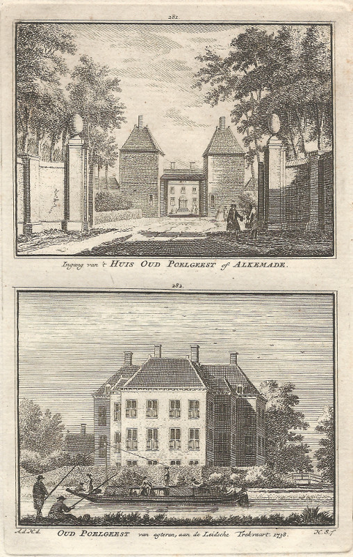 afbeelding van prent Ingang van ´t Huis Oud Poelgeest of Alkemade, Oud Poelgeest van agteren, aan de Leidsche Trekv van A. de Haan, H. Spilman (Oegstgeest)