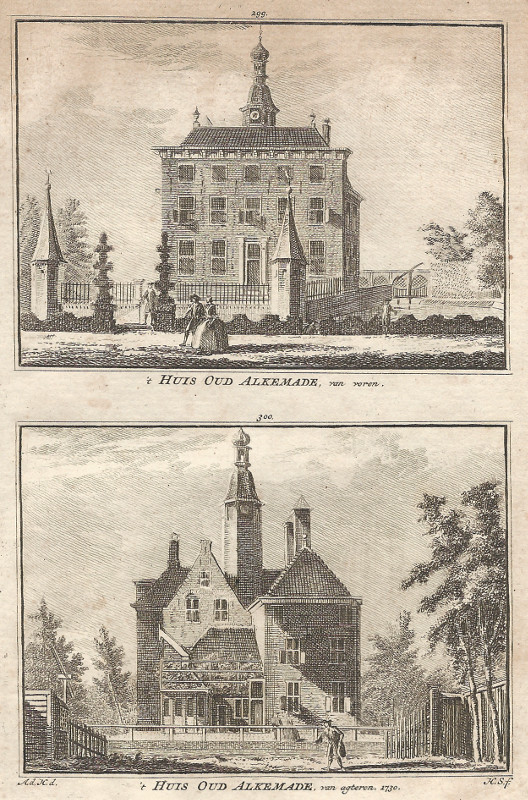 afbeelding van prent ´t Huis Oud Alkemade, van voren; ´t Huis Oud Alkemade, van agteren, 1730 van A. de Haan, H. Spilman (Warmond)
