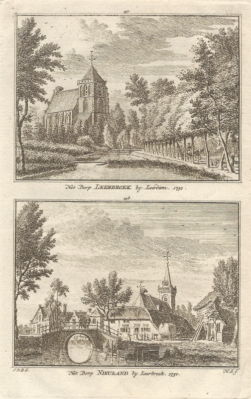 afbeelding van prent Het dorp Leerbroek bij Leerdam; het dorp Nieuland bij Leerbroek, 1750 van A. de Haan, H. Spilman (Leerbroek, Nieuwland)